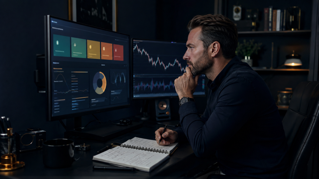 TradeTheGrade review: trader carefully evaluating an analyst-action research dashboard