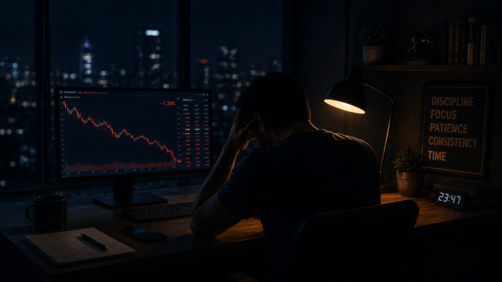trading consistency 2026 trader alone at night struggling with losses