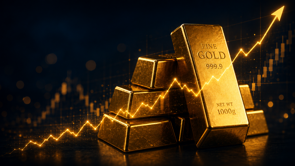 trading gold 2026 gold bars with upward price chart