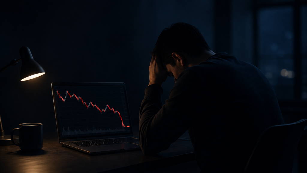 giving up on trading person alone staring at red chart
