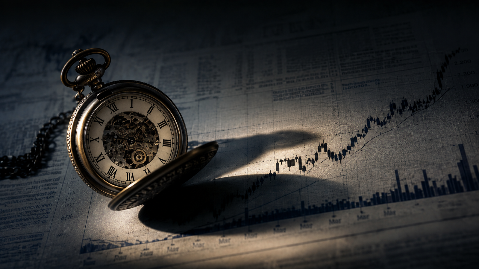 Pocket watch resting on a stock chart representing timing of rating changes