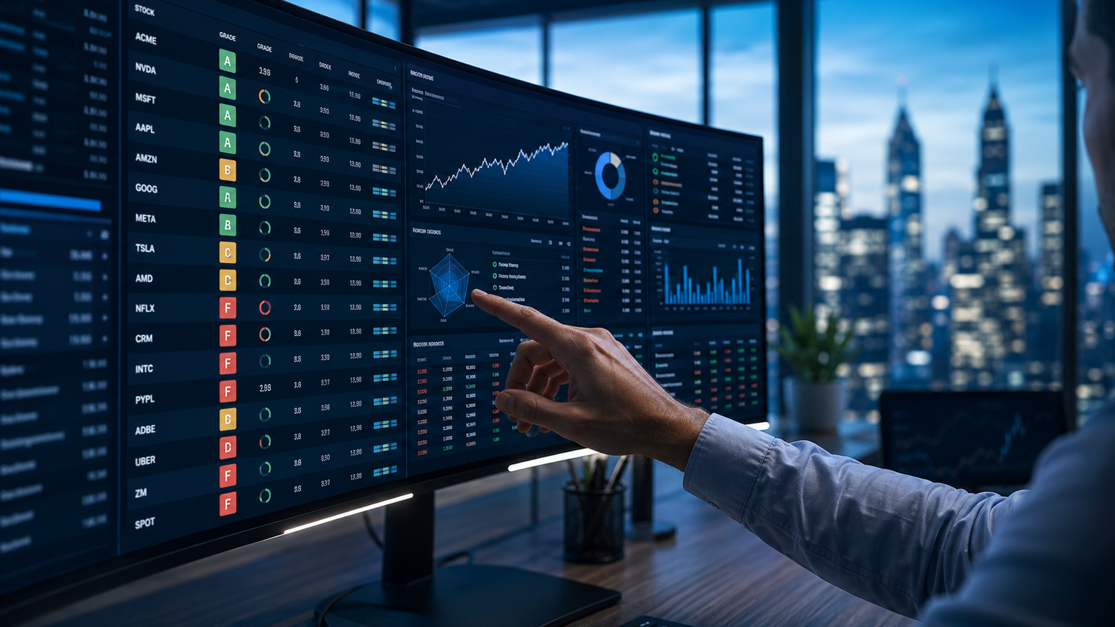 Trading dashboard showing stock research grades from A to F
