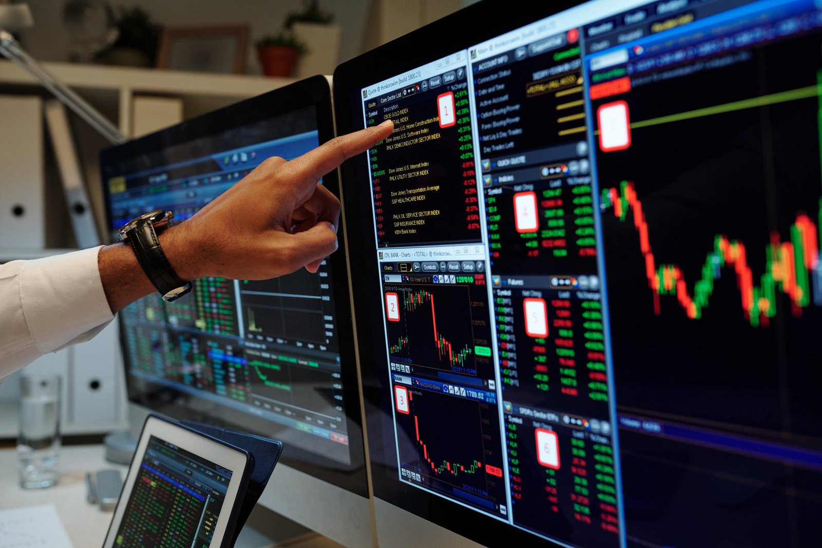 Trader pointing at charts on screen analyzing pre-market catalysts