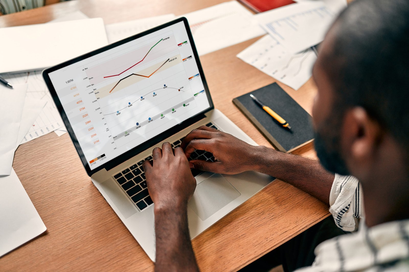 Analyst backtesting a stock grading system on laptop with financial charts