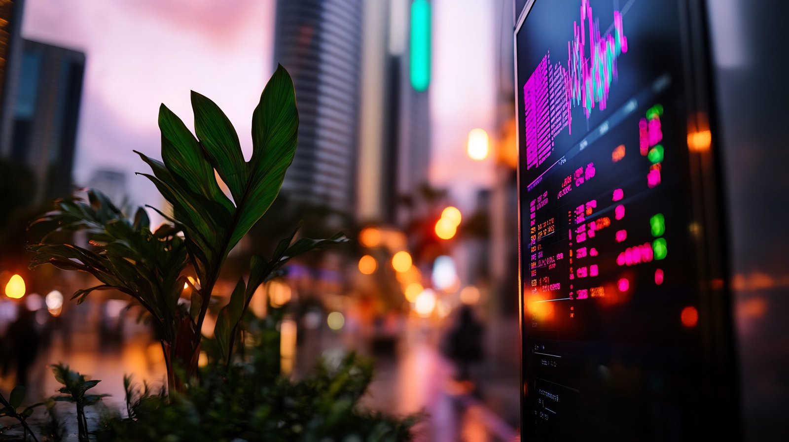 City skyline stock market display board at dusk showing index movement