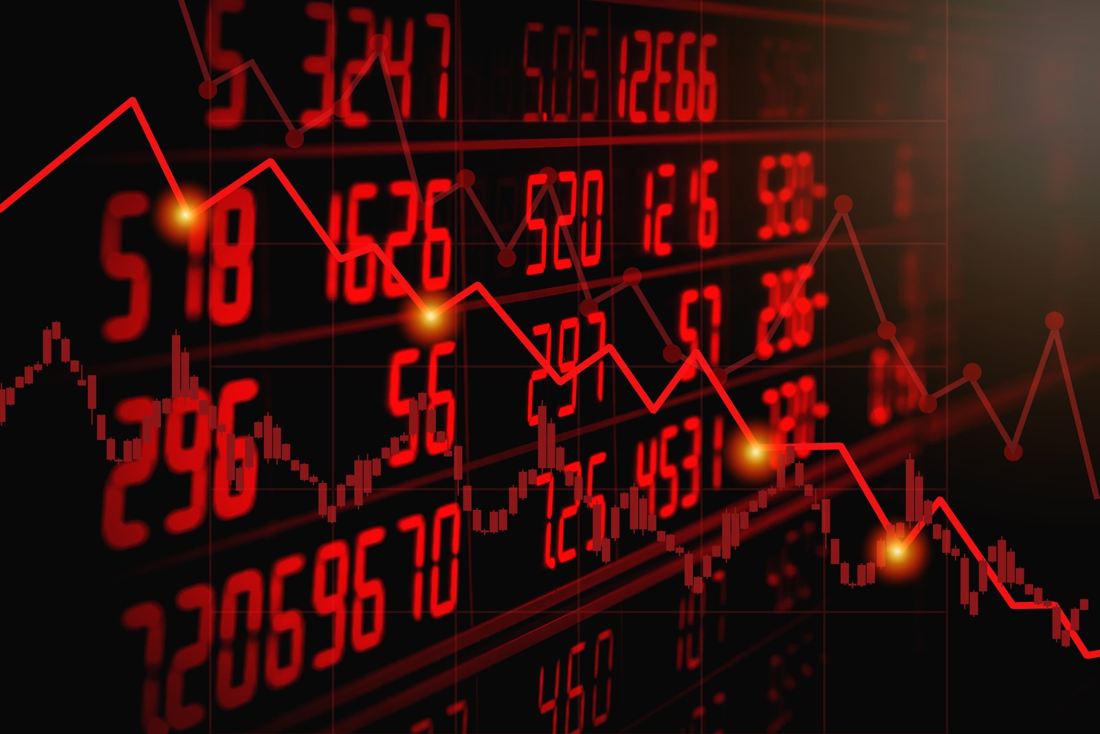Red stock market board showing a downtrend and falling prices