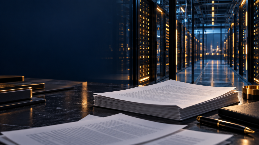 Data center and prospectus papers illustrating how investors read an AI IPO filing