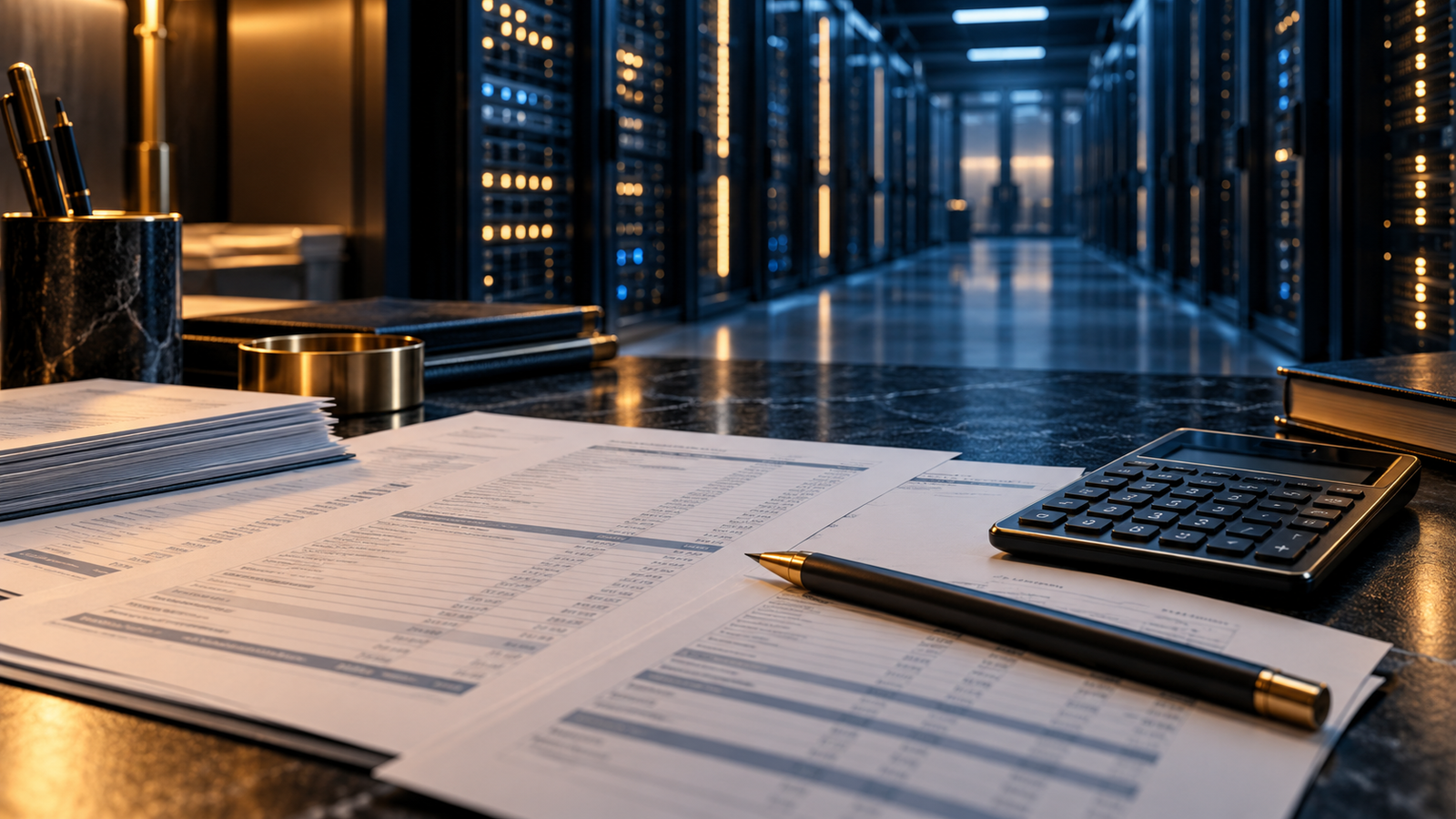 Financial statements on an analyst desk with a data center in the background