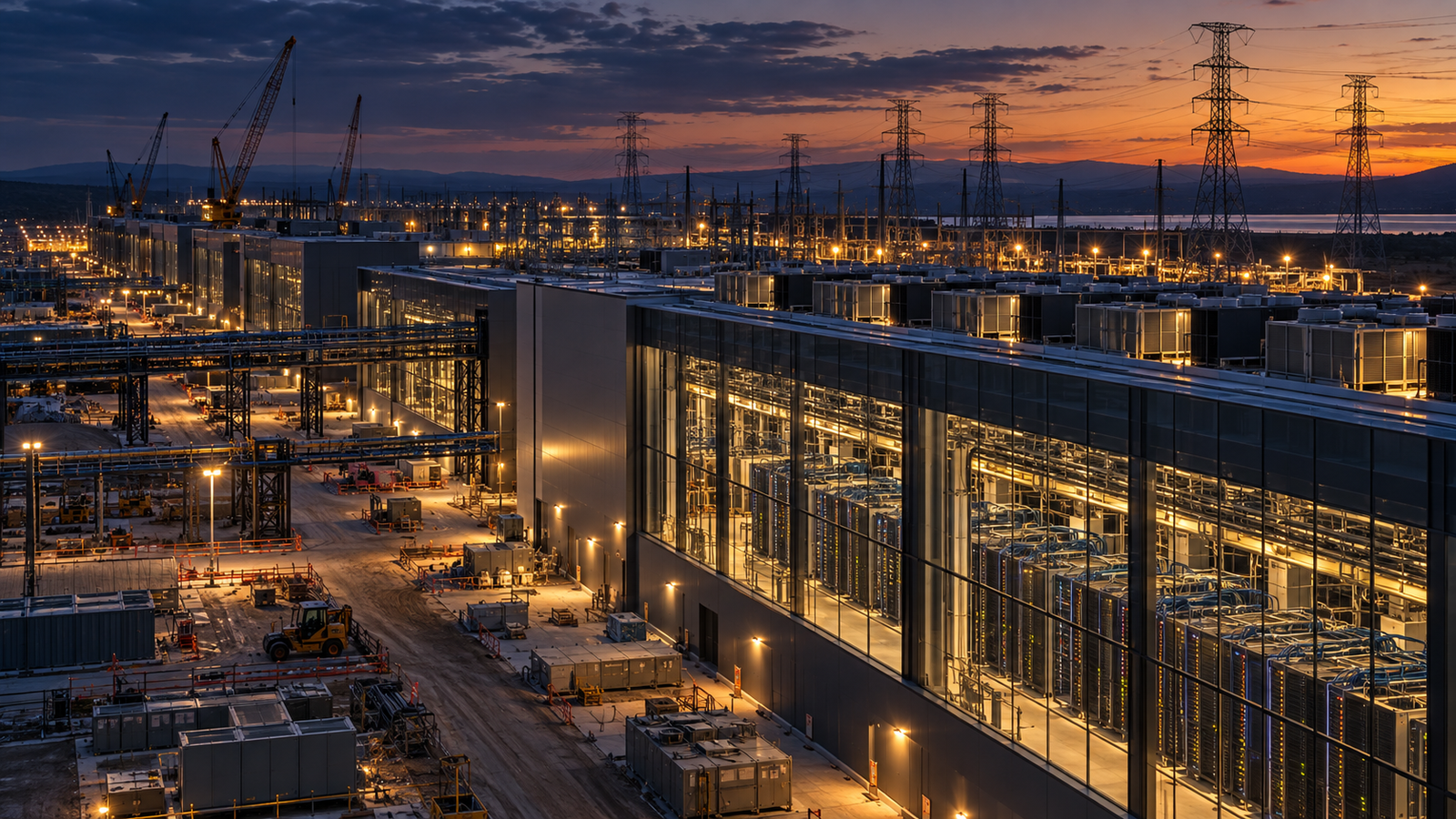 Illustration of data center construction and power infrastructure, highlighting capital spending