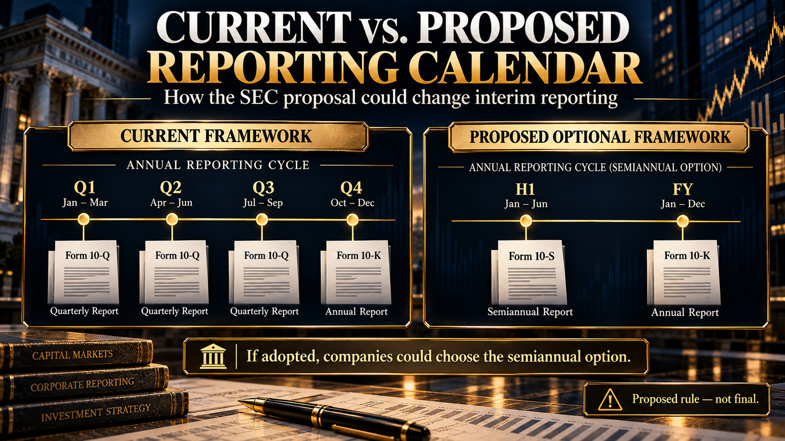 Current quarterly reporting calendar compared with the SEC proposed optional semiannual reporting framework