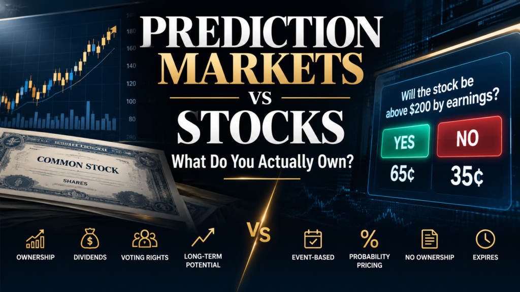 Prediction markets vs stocks comparison showing stock ownership and a yes-no event contract
