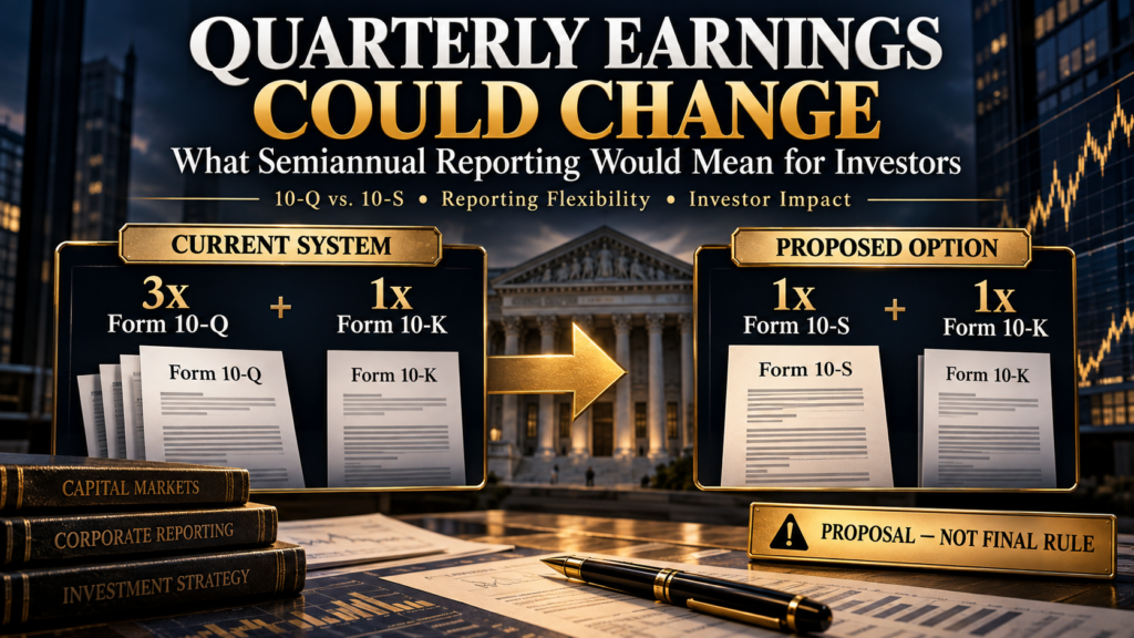Quarterly earnings could change under the SEC proposal for optional semiannual reporting, comparing Form 10-Q with proposed Form 10-S
