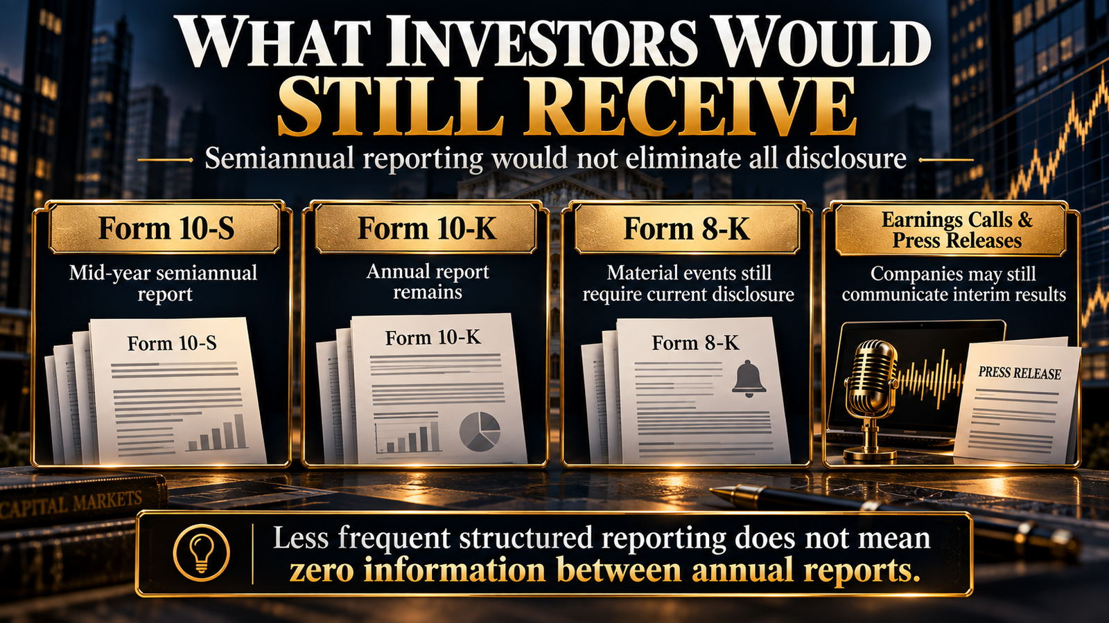 What investors would still receive under the SEC proposed semiannual reporting framework, including 10-S, 10-K, 8-K and company communications
