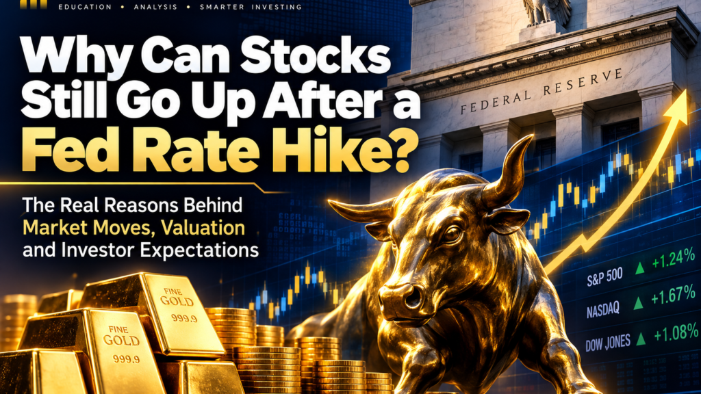 Why stocks can still rise after a Federal Reserve rate hike, with a gold bull, market chart and Federal Reserve building