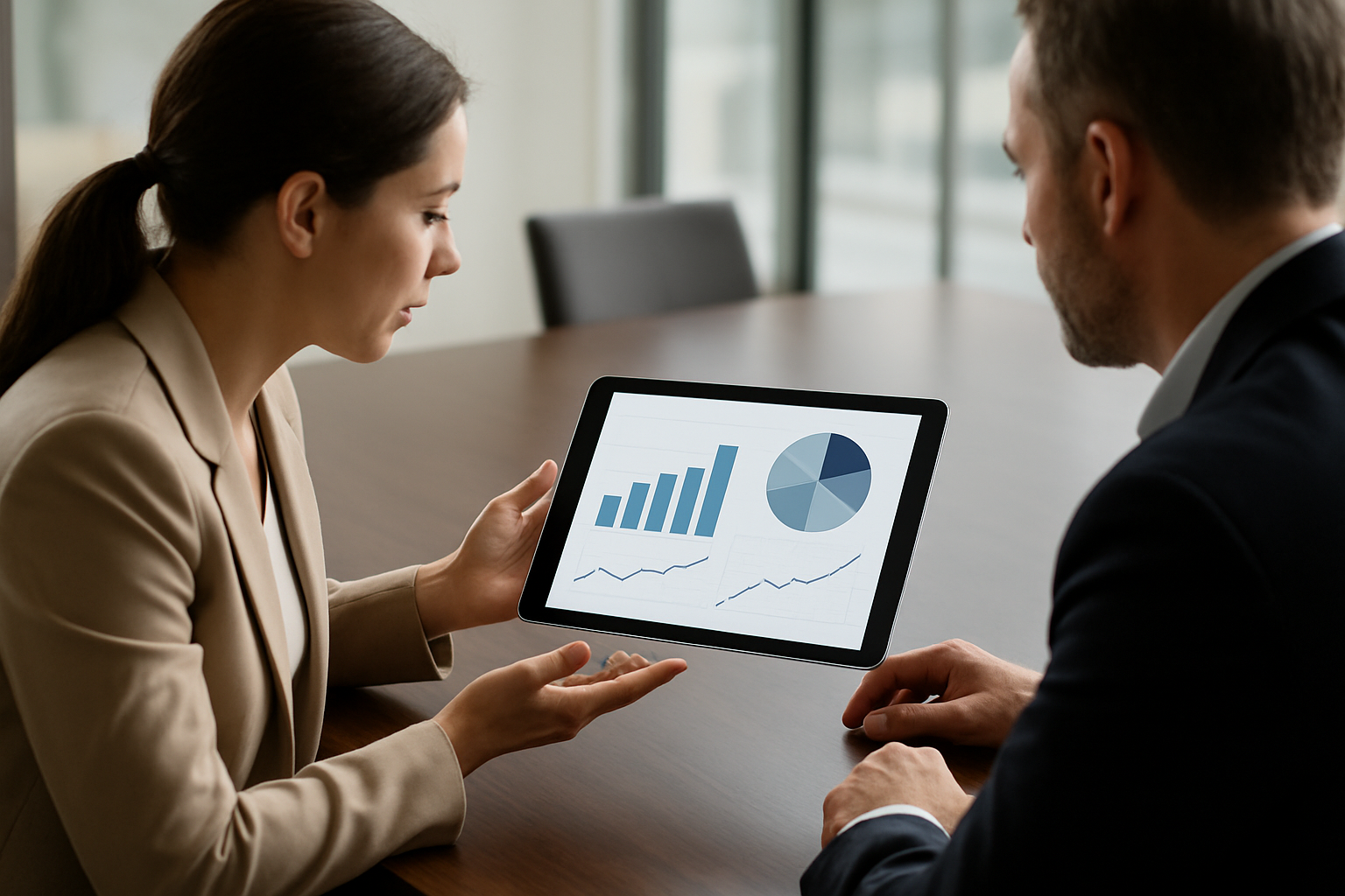 Financial analysts discussing an investment research report